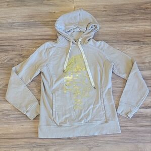 North Face Women's Small Tan Gold Shimmer Lettering Basic Hoodie